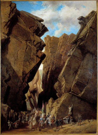 Fransk kolonisering av Algeriet: "" passagen av järnporten i Algeriet den 28/10/1839"" Den franska expeditionen, under befälet av hertigen av Orleans 1839, korsar passagen av Bibans. Målning av Adrien Dauzats (1804-1868) 1869 sön. 1,46x1,05 m Orlea av Adrien Dauzats