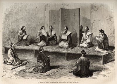 Ett krigsråd i Edo (nuvarande Tokyo), som samlar officerarna från taicounen (chefen för den temporala makten) för att möta ett uppror av daimios (eller daimyos: japansk adel) strax före meiji-restaureringen (1868), gravyr efter A.Maries av Adrien Emmanuel Marie