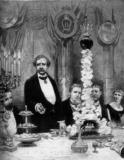 Bankett ges av den skandinaviska kolonin Paris för att hedra upptäcktsresanden Nils Adolf Erik (Eric) Baron Nordenskjold (Nordenskiold) (1832-1901) på Hotel Continental. Presenter är: Greve Kapnitz, Professor Nordenskjold, Prins Oscar av Sverige (1859-1953 av Adrien Emmanuel Marie