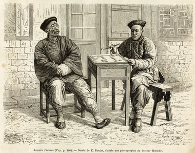Schackspelare. Gravyr efter A.Maries teckning, för att illustrera resan till Pekin och norra Kina, av T.Choutze, 1873, publicerad i "" Le tour du monde""" 1876, redigerad av Edouard Charton, upplaga Hachette, Paris. Selva samling. av Adrien Emmanuel Marie
