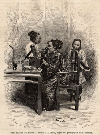 Kinesisk dam har sin toalett. Gravyr efter A.Maries teckning, för att illustrera resan till Pekin och norra Kina, av T.Choutze, 1873, publicerad i "" Le tour du monde""" 1876, redigerad av Edouard Charton, upplaga Hachette, Paris. Selva samling. av Adrien Emmanuel Marie
