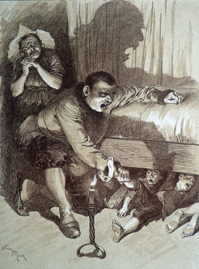 Toddler Thumb - i "" Fairy Tales"" av Charles Perrault, illustrationer av Adrien Marie av Adrien Emmanuel Marie