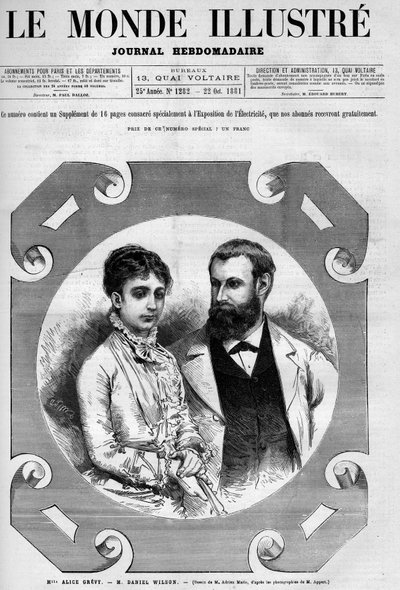 Porträtt av Daniel Wilson (1840-1919), fransk politiker med sin fru Alice Grevy. Gravyr av Adrien Marie. En av "The Illustrious World" nr 1282 av 22 oktober av Adrien Emmanuel Marie