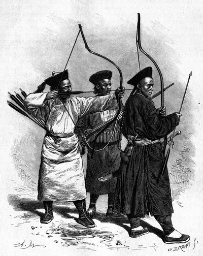 Porträtt av tre kinesiska bågskyttar i traditionell kostym, på 1870-talet. Gravyr från en teckning av Marie, från ett fotografi av Thomson, i "" Le Tour du Monde, Nouveau journal des Voyages", redigerad av Edouard Charton, Paris av Adrien Emmanuel Marie