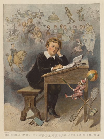 Semesterbrevet från skolan, en pojkes dröm om den kommande julen (chromolitho) av Adrien Emmanuel Marie