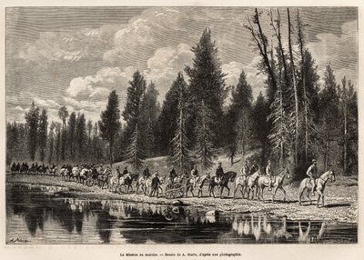 Hela det geografiska uppdraget, på väg till Mount Hayden, längs Henri River, graverat efter A.Maries teckning, som illustrerar en uppsättning geografiska uppdrag genom USA:s nationalpark, från 1870 till 1872, av herrarna Hayden, Doane och Langford, pu av Adrien Emmanuel Marie