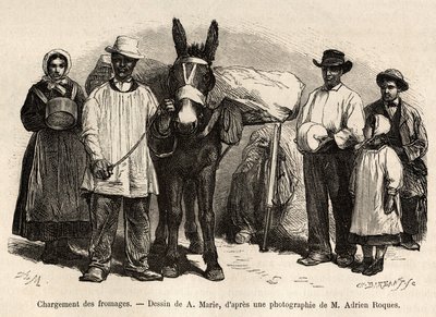 Lastningen av ostar på baksidan av en mula, mot Roqueforts källare, gravyr efter en teckning av A.Marie, illustrerande en resa till Roquefort och dess omgivningar, av Adrien Roques och Jules Charton, 1874, publicerad i "" Le tour du monde””” av Adrien Emmanuel Marie