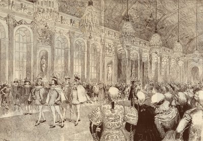 Processionen av riddarna av den Helige Andeorden (Helig Ande) i Versailles slotts isgalleri på pingstdagen 1789. Teckning av Adrien Marie från 1889. av Adrien Emmanuel Marie