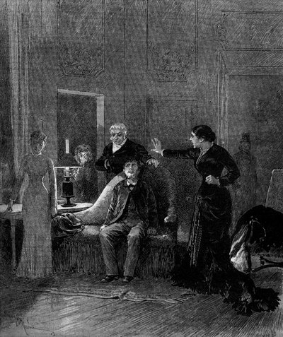 Teaterrepresentation: 5:e akten av "Jack" av Alphonse Daudet (1840-1897) och H. Lafontaine med Miss Sisos (Cecile), M. Porel (Dr. Rivals), M. Chelles (Jack), Miss Montaland (Ida de Barancy) ). Paris, teater de l