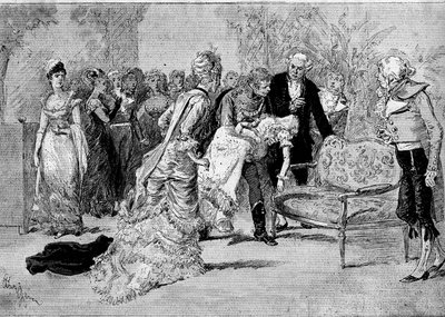 Teaterrepresentation: "" Le beau Solignac"" av Jules Claretie (1840-1913) och William Busnach (1832-1907) med Edouard Angelo (Solignac) och Melle Cassothy (Louise de Farges). Paris, Chatelet-teatern av Adrien Emmanuel Marie