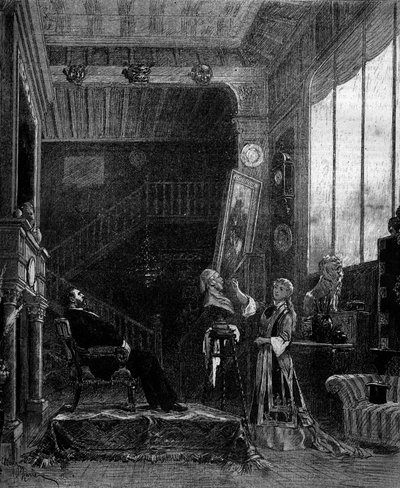 Teaterrepresentation: "" Le nabab"" av Alphonse Daudet (1840-1897) och Pierre Elzear med Blanche Pierson (1842-1919) (Felicia Ruys) och Adolphe Dupuis (1824-1891) (Jansoulet). Paris, Theatre du Vaudeville av Adrien Emmanuel Marie