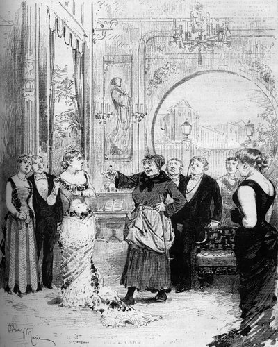 Teaterframställning: "" Nana"" av William Busnach (1832-1907) efter Emile Zola (1840-1902) med Louise Massin (1847-1901) (Nana) och Melle Honorine (Pomare). Paris, Theatre de l