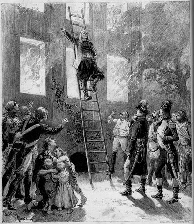 Teaterframställning: "" Nittiotre"" ("Nittiotre") av Paul Meurice (1818-1905) av Victor Hugo (1802-1885). The Fire of the Tourgue (10:e målningen): Marquis de Lantenac, efter att ha räddat livet på barnen i Flecharde, ger sig själv t av Adrien Emmanuel Marie
