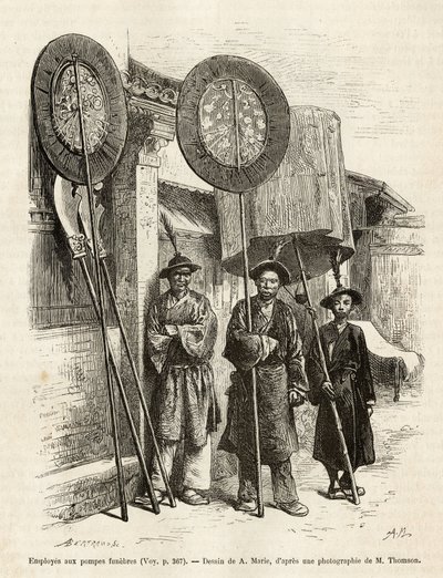 Tre begravningsarbetare i Pekin. Gravyr efter A.Maries teckning, för att illustrera resan till Pekin och norra Kina, av T.Choutze, 1873, publicerad i "" Le tour du monde""" 1876, redigerad av Edouard Charton, upplaga Hachette, Paris. Selva samling. av Adrien Emmanuel Marie