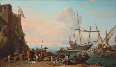 En medelhavshamn med stuvare som lossar sina skepp, figurer som säljer fisk i förgrunden vid en fästning av Adrien Manglard