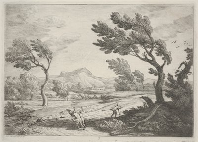 Landskap med resenärer i stark vind, ca 1753 (etsning) av Adrien Manglard