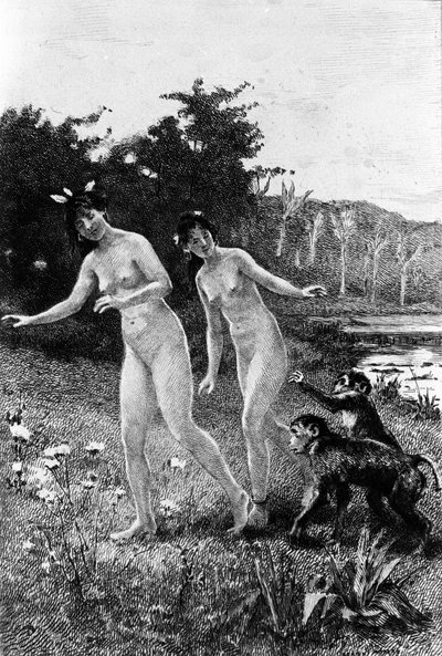 Gravyr av Adrien Moreau (1843-1906) som illustrerar "" Candide"" av Francois Marie Arouet dit Voltaire (1694-1778). av Adrien Moreau