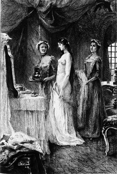Gravyr av Adrien Moreau (1843-1906) som illustrerar "" Candide"" av Francois Marie Arouet dit Voltaire (1694-1778). av Adrien Moreau