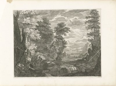Vattenfall med en stad i bakgrunden Fyra landskap i Böhmen (serietitel) av Aegidius Sadeler (II) (attributed to)