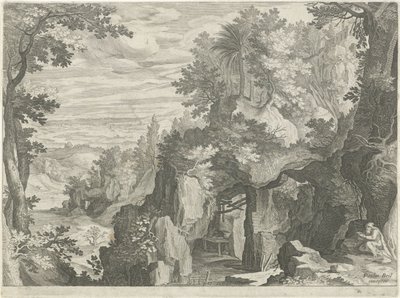 Bergslandskap med en eremit av Egidius  Sadeler (II)