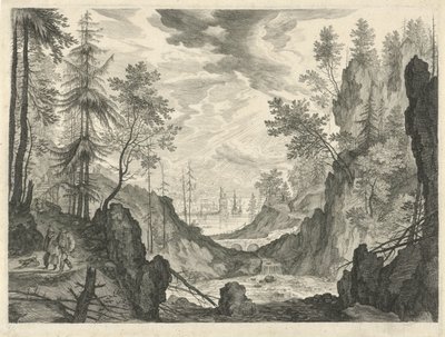 Skogslandskap med ett vattenfall Bergslandskap från Tyrolen (serietitel) av Egidius  Sadeler (II)