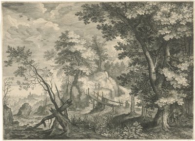 Skogslandskap med träbro Bergslandskap från Tyrolen (serietitel) av Egidius  Sadeler (II)