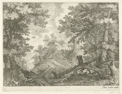 Skogslandskap med två jägare och en hund Bergslandskap från Tyrolen (serietitel) av Egidius  Sadeler (II)