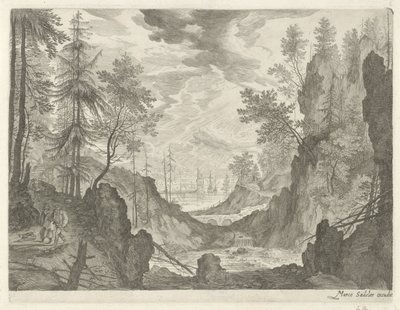 Skogslandskap med vattenfall Bergslandskap från Tyrolen (serietitel) av Egidius  Sadeler (II)