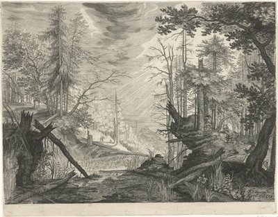 Tre jägare vid en flod i en skog Bergslandskap från Tyrolen (serietitel) av Egidius  Sadeler (II)