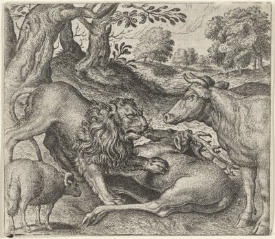 Fabel om lejonet, kon och fåren på jakt av Egidius  Sadeler (II)