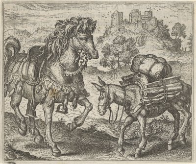 Fabel om den missnöjda åsnan och krigshästen av Egidius  Sadeler (II)
