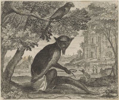 Fabel om papegojan och apan av Egidius  Sadeler (II)