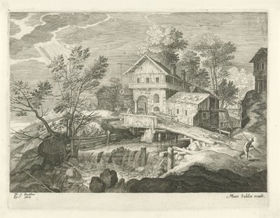 Värdshus och några hus vid en bro Landskap från Tyrolen (serietitel) av Egidius  Sadeler (II)