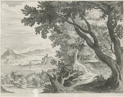Landskap med två figurer under ett träd av Egidius  Sadeler (II)