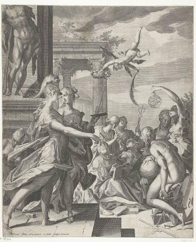Minerva följer med måleriet till dess plats med vetenskaperna av Egidius  Sadeler (II)