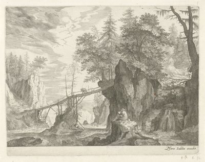 Ritare sitter på en sten framför en bro Bergslandskap från Tyrolen (serietitel) av Egidius  Sadeler (II)