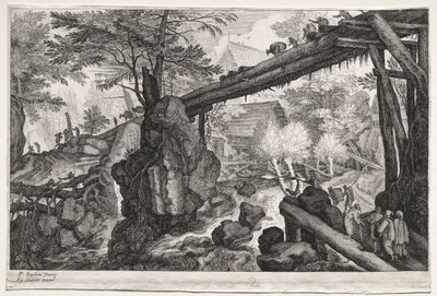 Åtta bohemiska landskap: Landskap med stockbro över grå starr, ca. 1610-1615. av Aegidius Sadeler or Saedeler