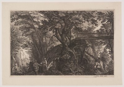 En skog med en träbro till höger, från Åtta scener från Böhmen av Aegidius Sadeler II