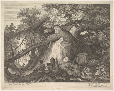 En man som håller en stav och sitter på en trädstam, med två getter på vardera sidan, surro..., ca. 1600. av Aegidius Sadeler II
