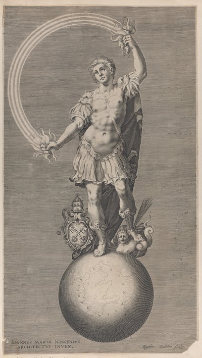 Allegorisk figur av en krigare stående på en jordglob med det påvliga vapnet a..., ca. 1588-1629. av Aegidius Sadeler II