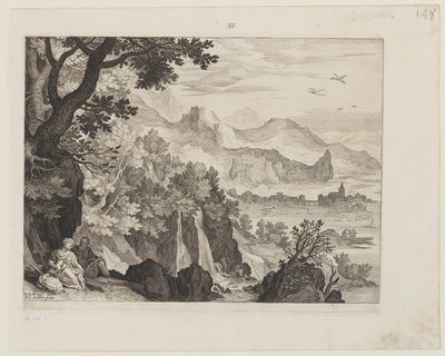 Bergslandskap med de övriga på flyget till Egypten av Aegidius Sadeler II