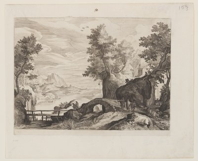Flodlandskap med en stenbro och en träbro av Aegidius Sadeler II