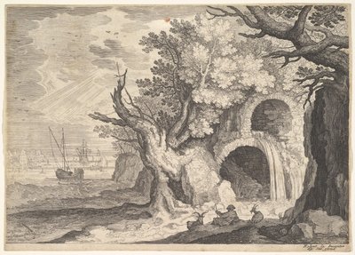 Förstörd akvedukt med vatten som rinner ut från den till en bäck nedanför, fartyg till havs bortom, en ..., ca. 1600. av Aegidius Sadeler II