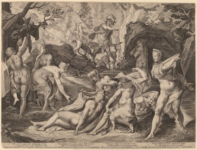 Diana förvånad av Actaeon av Aegidius Sadeler II after Joseph Heintz the Elder