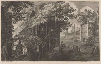 Gondoler på en flod vid ett palats av Aegidius Sadeler II after Pieter Stevens