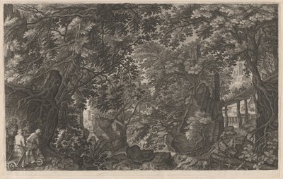 Jägare i en skog nära en träbro av Aegidius Sadeler II after Pieter Stevens