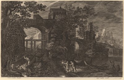 Nattlandskap med flodfiskare utanför stadsmuren av Aegidius Sadeler II after Pieter Stevens