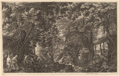 Flodlandskap med en ankjägare av Aegidius Sadeler II after Pieter Stevens