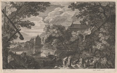 Flodlandskap med fiskare vid en befäst stad av Aegidius Sadeler II after Pieter Stevens