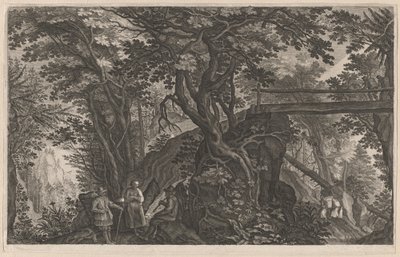 Resenärer som vilar i en bergsskog vid en stockbro av Aegidius Sadeler II after Pieter Stevens